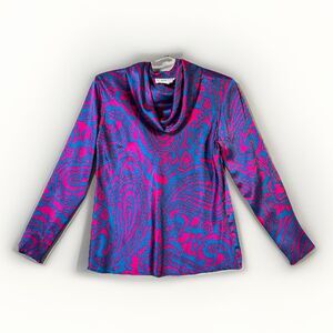 Vintage Carlisle 100% Silk Blouse Pink Teal Paisley Cowl Neck Size 2 Hong Kong